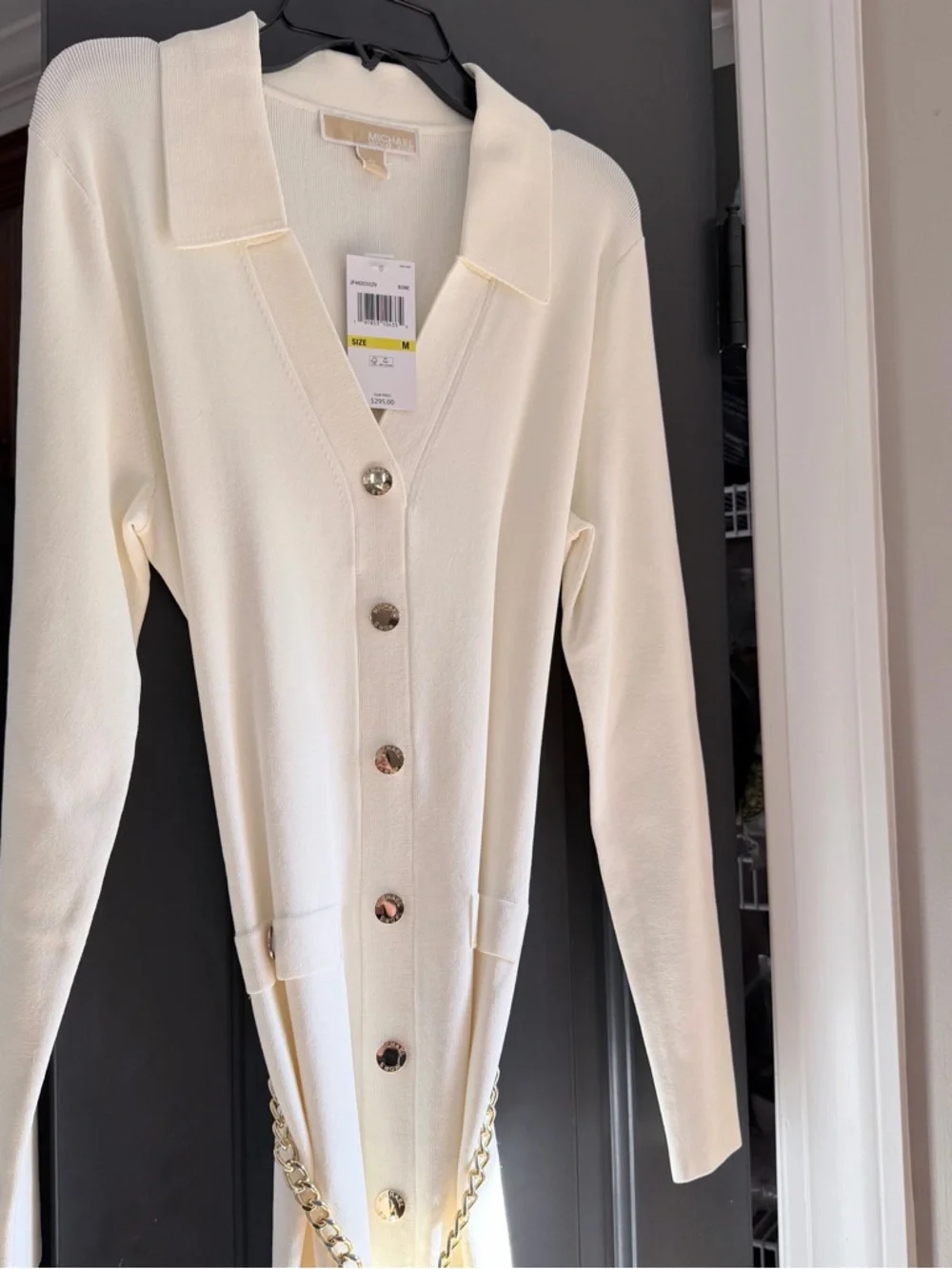 Michael KORS Stretch Signature Viscose Belted Gold Chain Midi Dress Ivory Medium